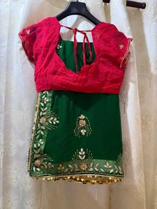 Green Gota Patti Saree with red blouse
