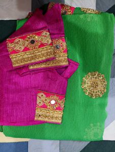 Beautiful Fluorescent Green Saree With Pink Blouse