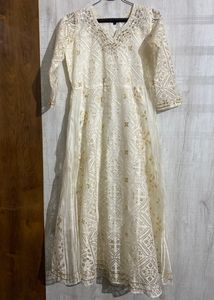 Beautiful Cream Color Embroidery On Neckline  Gown