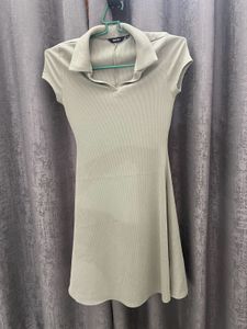 Stylish Ribbed Polo Mini Dress - XS,LightSageGreen