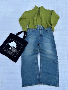 Wide Leg Jeans , Tote Bag & Green Cardigan