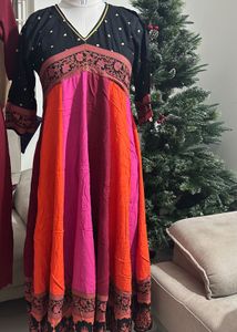 Black Multicolour Long Kalidaar Dress