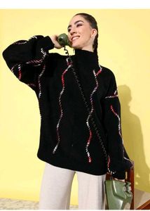 Cozy Black Knit Sweater with Wavy Trim