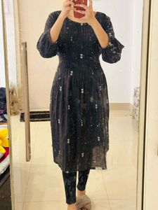 Black  A-Line Dress with Tie-Up (Free Size)
