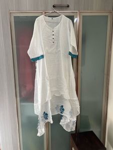 White & Blue Block Print High-Low Kurti