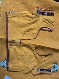 heavy work yellow red velvet border saree with blo