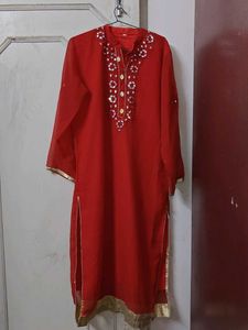 Red Embellished Kurta With Mirror Work