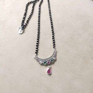 PureSilver Single Line Green&amp;Pink Stone Mangalsutr
