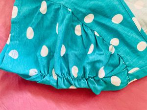Sea Green Polka Dot Ruched Puff Sleeves Top