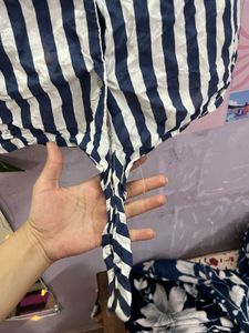 Blue Lined Crop Shirt Style Top