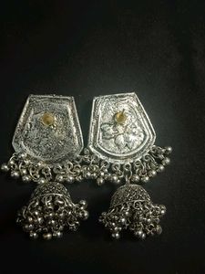 Meenakari Silver Oxidised Jhumka Earrings
