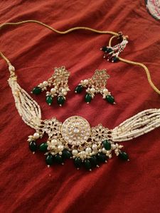 Ethnic Off White And Green Pearl Choker Set