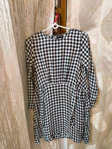 Checked A-line Dress With Back Tie Up