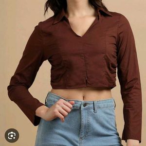 Brown Long Sleeve Crop Top with a zip closure