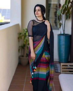 Rainbow Black Khadi Cotton Saree
