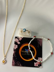 Daisy Necklace, Evil Eye Ring, Beaded Bracelet Set