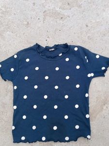 Navy Polka Dot Ruffle Trim Tee
