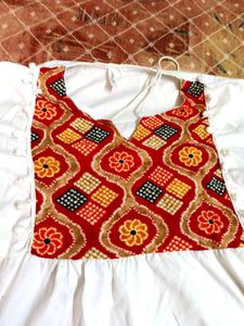Fusion White Cotton Kurti Dress with Ethnic Red