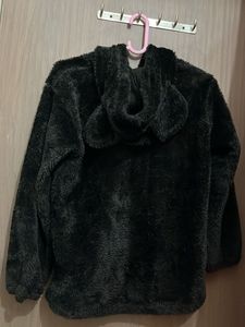 Fuzzy Black Hooded Jacket with cute cat hood