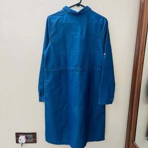 Women Blue Pure Cotton Solid Denim Shirt Dress