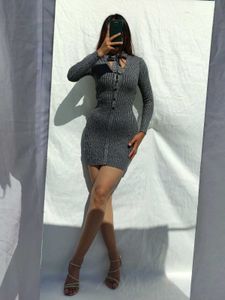 Stylish Knit Ripped grey Bodycon Dress