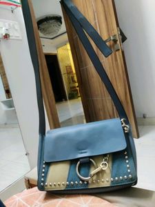 Blue &amp; Beige Statement Sling Bag with Chain Detail