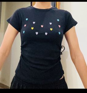 Cute black crop tee with pastel hearts