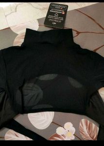 Black Mesh Long Sleeve Back Tie Crop Top