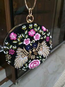Black Velvet Pink Embroidery Round Hand Clutch