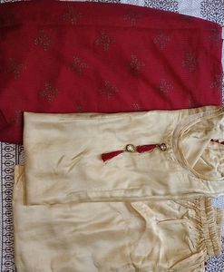 Silk Suit With Maroon Dupatta With Golden Lace