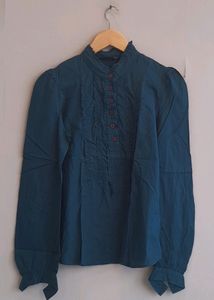 Teal Ruffle Button Up Blouse