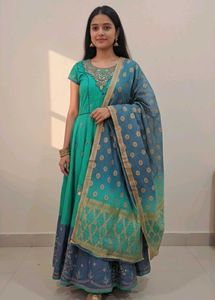 Elegant Embroidered Sea green flare frock