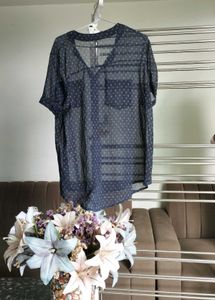 Navy Sheer Button-Up Top