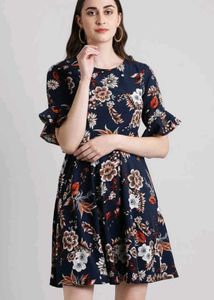 Women fit and flare navy blue floral dress