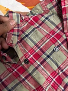 Red &amp; Tan Plaid Button-Up Shirt, Size 2
