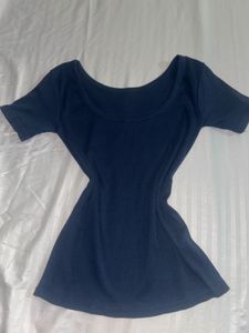 Navy Blue Ribbed Scoop Neck Top