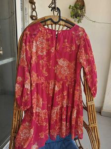 Pink Floral Flowy Dress With Full Sleeves