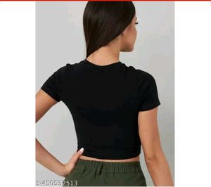 Fit-Solid Black Short Sleeve Crop Top Crew Neck T-