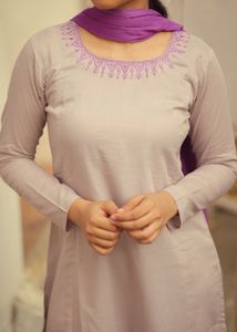Grey aline top paired with purple dupatta
