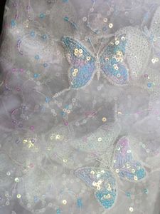 2 Meter White Butterfly Embroidered Net Fabric