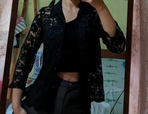 Black Lace Button Up Top