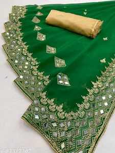 MARUTI ART Green Georgette Mirror Work Saree with