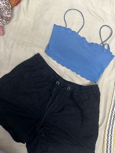 Blue Crop Top & Black Shorts Set