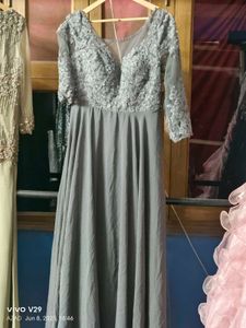 Elegant Gray Lace Evening Gown