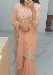 Peach Embroidered Gharara Suit