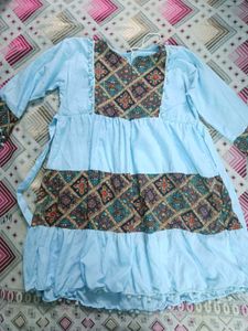 Elegant Light BlueBoho-Chic Long Dress with Ethnic