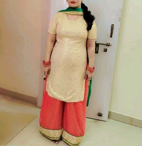 Elegant Golden Sequin Kurti with Peach Palazzo &amp; G