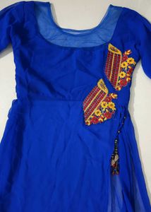 Blue Embroidered Net Side Cut Kurti