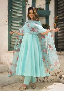 Turquoise Ethnic Gown With Organza Duptta
