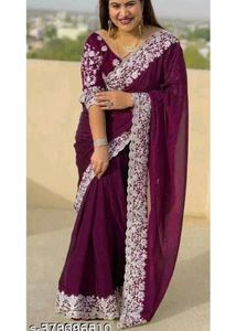 💥Elegant Purple Embroidered Saree